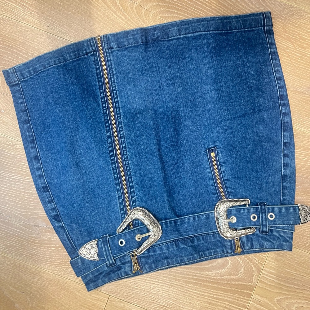 Denim Skirt with Silver Buckle Accents